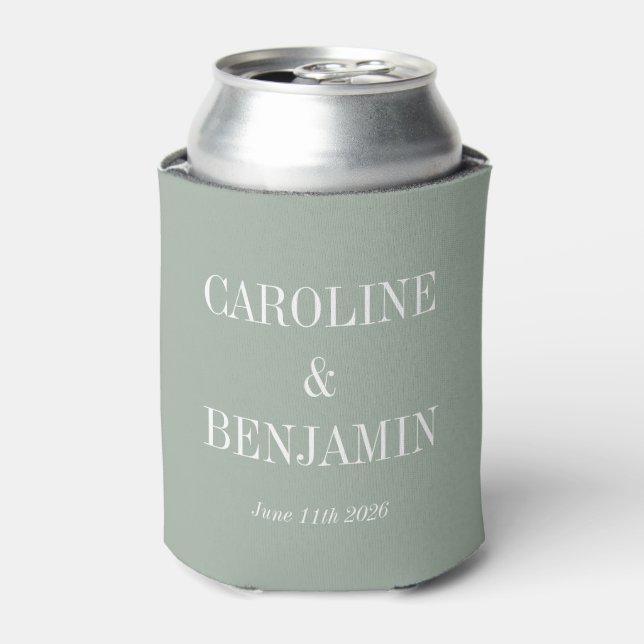 Simple Elegant Dusty Sage Custom Wedding Names Can Cooler (Can Front)