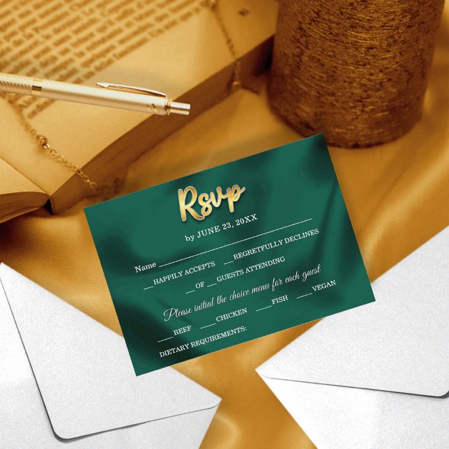 Simple Elegant Emerald Green & Gold Script Wedding RSVP Card (Creator Uploaded)