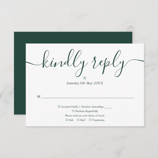Simple Elegant Emerald Green Script Meal Choice RSVP Card (Front/Back)