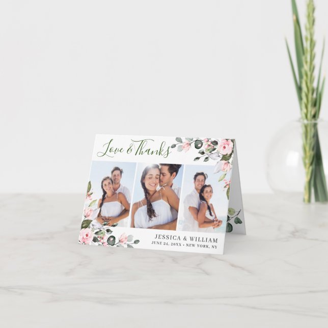 Simple Elegant Eucalyptus Blush Pink Roses 3 PHOTO Thank You Card (Front)