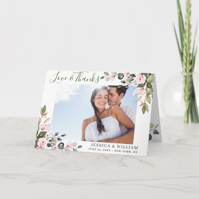 Simple Elegant Eucalyptus Blush Pink Roses PHOTO Thank You Card (Front)