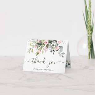 Simple Elegant Eucalyptus Blush Pink Roses  Thank You Card