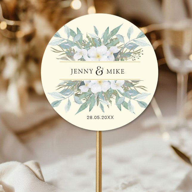 Simple, elegant eucalyptus classic round sticker (Simple, elegant eucalyptus classic round sticker with your name and date.)