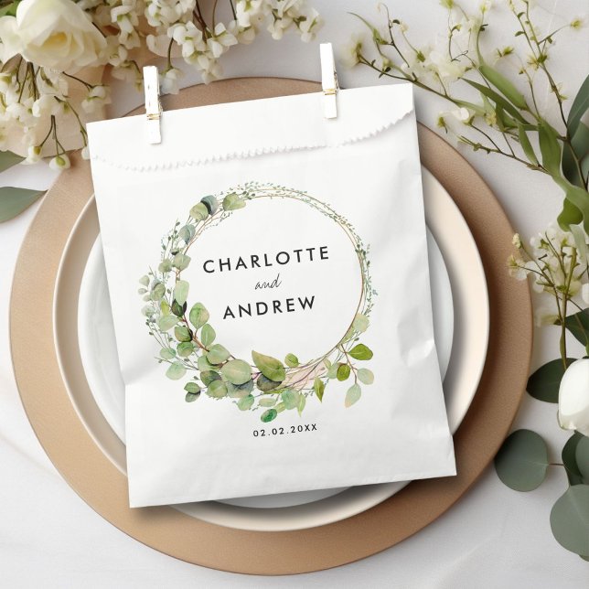 Simple, elegant eucalyptus  favour bags (Simple, elegant eucalyptus wedding favor bag with your name and date.)