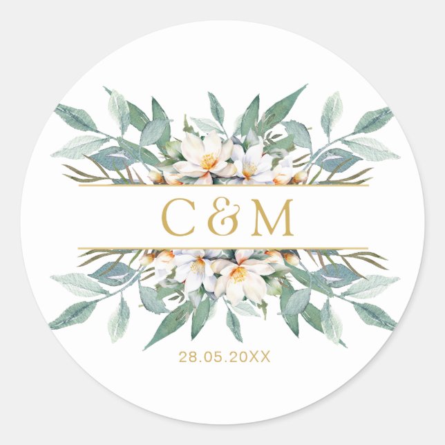 Simple, elegant eucalyptus floral napkins classic round sticker (Front)