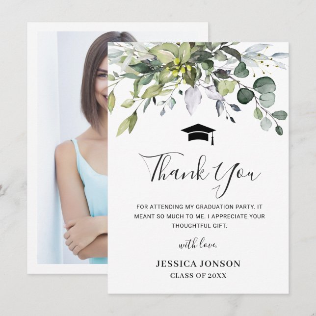 Simple Elegant Eucalyptus Foliage Graduation PHOTO Thank You Card (Front/Back)
