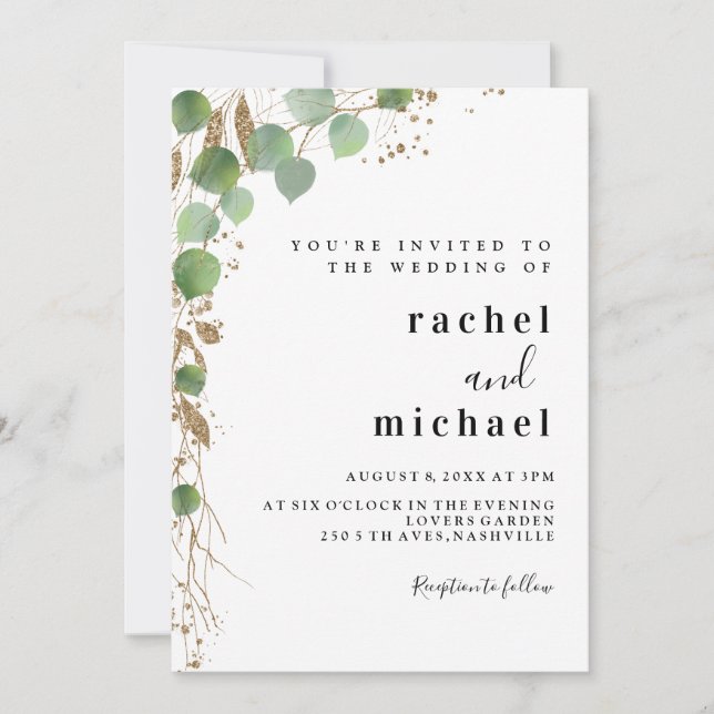 Simple elegant eucalyptus glitter invitation (Front)