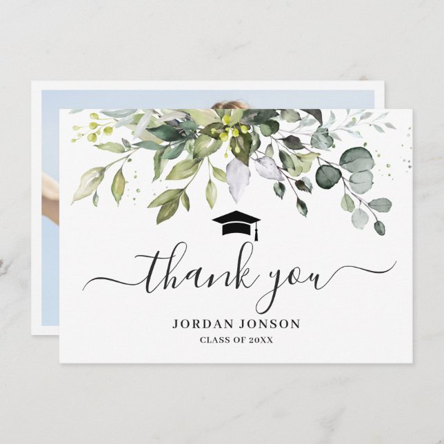Simple Elegant Eucalyptus Greenery Graduation  Tha Thank You Card (Front/Back)