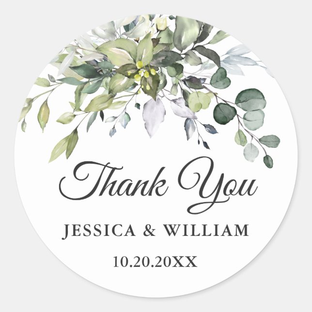 Simple Elegant Eucalyptus Greenery Thank You Classic Round Sticker (Front)