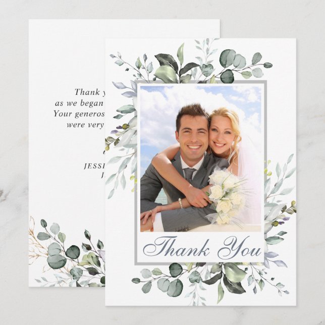 Simple Elegant Eucalyptus Greenery Wedding PHOTO Thank You Card (Front/Back)