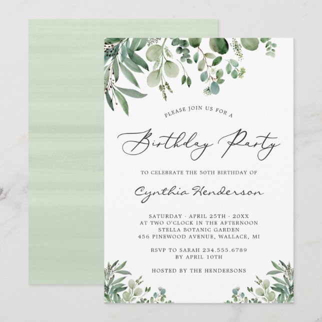 Simple Elegant Eucalyptus Leaves Birthday Party Invitation (Front/Back)