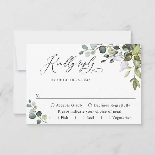 Simple Elegant Eucalyptus MEAL CHOICE Wedding RSVP Card (Front)