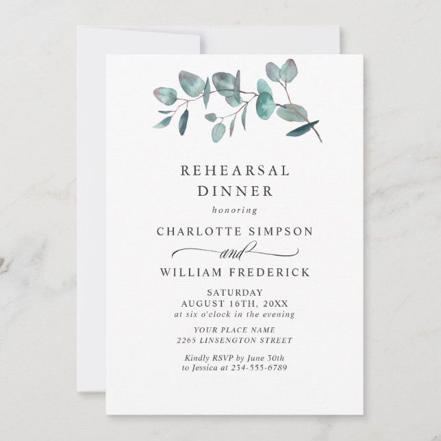 Simple Elegant Eucalyptus Rehearsal Dinner Invitation (Front)