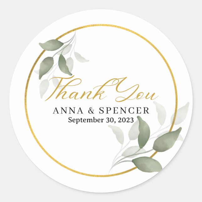 Simple Elegant Eucalyptus Thank you Wedding Favour Classic Round Sticker (Front)