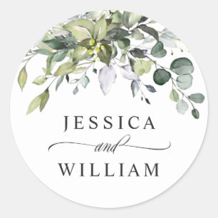Simple Elegant Eucalyptus Watercolor Wedding Classic Round Sticker
