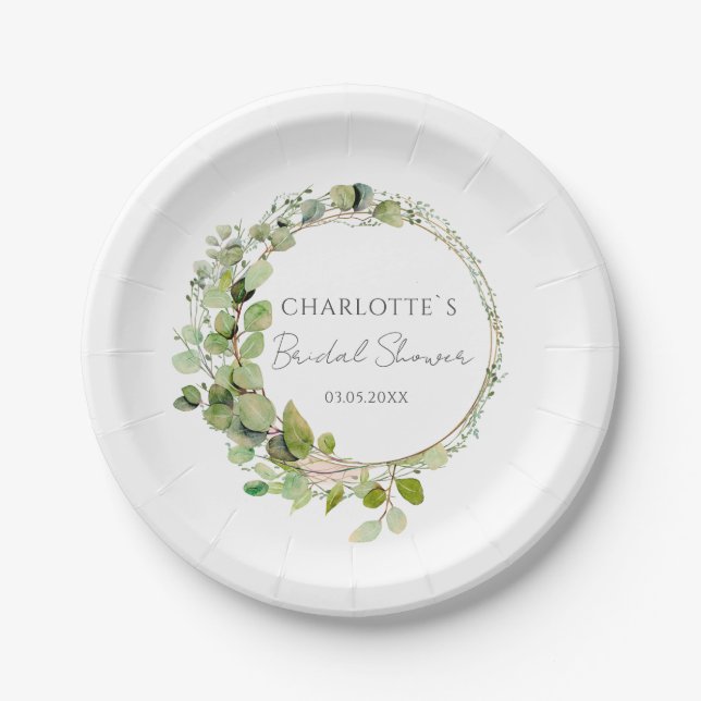 Simple, elegant eucalyptus  Wedding Bridal Shower Paper Plate (Front)