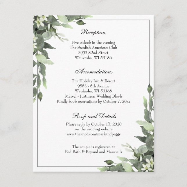 Simple Elegant Eucalyptus Wedding Reception Enclosure Card (Front)