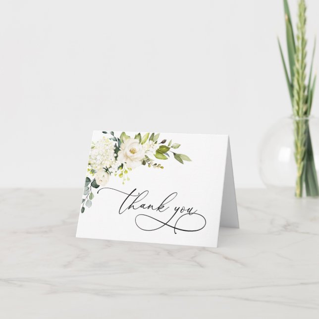 Simple Elegant Eucalyptus White Roses Floral Thank You Card (Front)