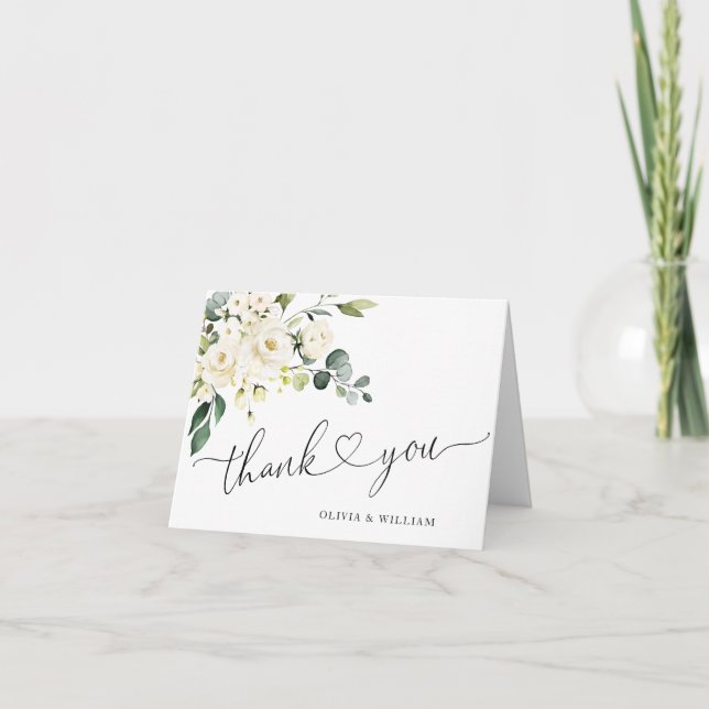 Simple Elegant Eucalyptus White Roses Floral Thank You Card (Front)