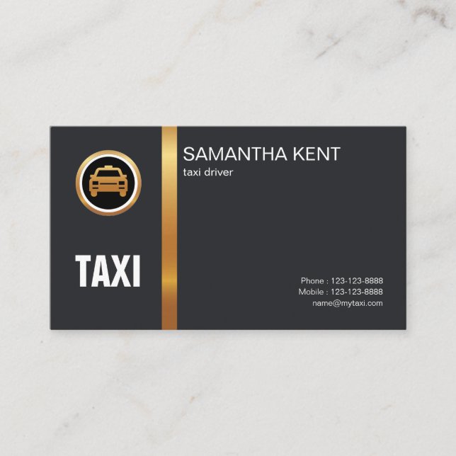 Simple Elegant Exquisite Black Gold Stripe Taxi Business Card (Front)