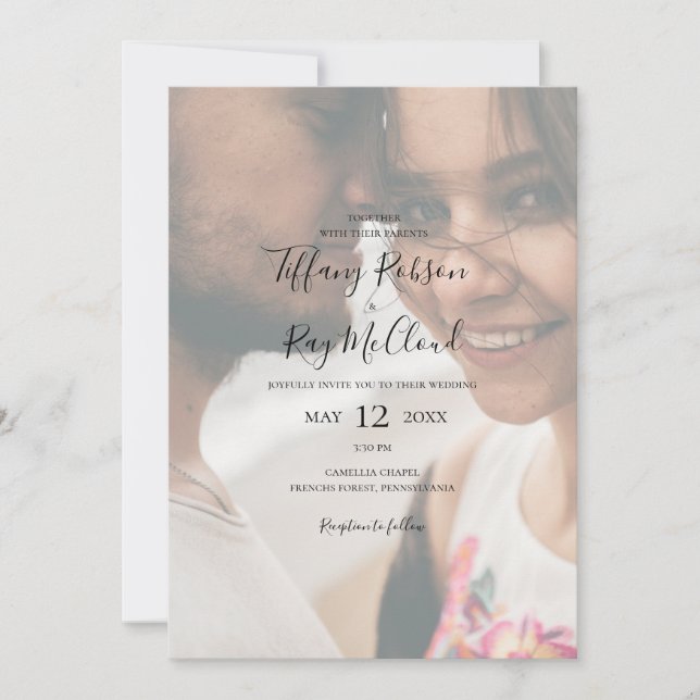 Simple Elegant Faded Photo All In One Wedding Invitation (Front)