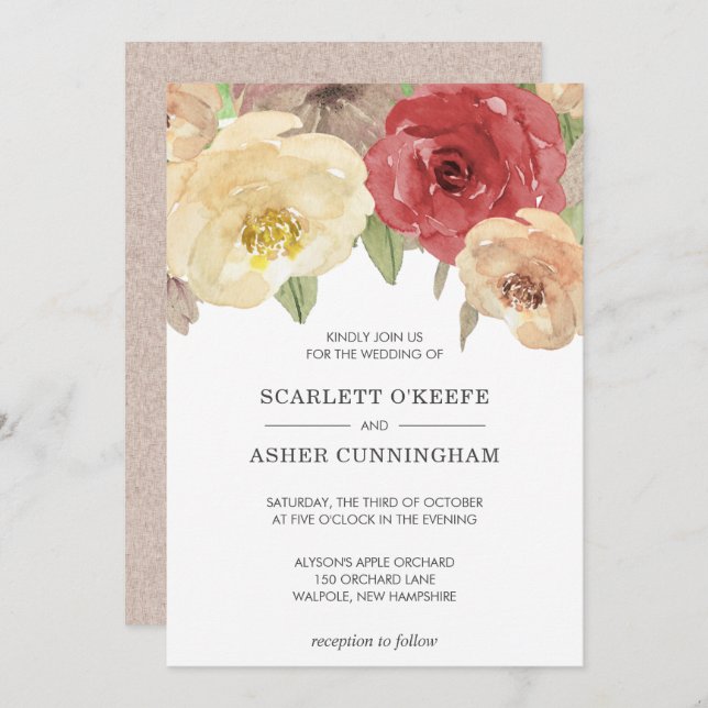 Simple Elegant Fall Floral Wedding Invitation (Front/Back)