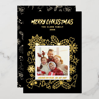 Simple Elegant Family 1 Photo Frame Black and Gold Foil Holiday Card