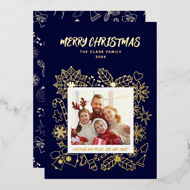 Simple Elegant Family 1 Photo Frame in Dark Blue Foil Holiday Card (Front/Back)