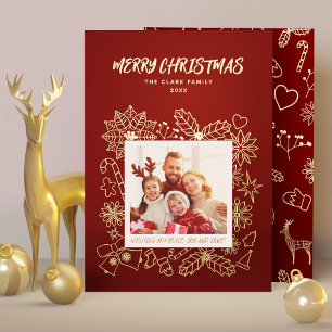 Simple Elegant Family 1 Photo Frame in Dark Red  Foil Holiday Card