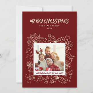 Simple Elegant Family 1 Photo Frame in Dark Red  Holiday Card