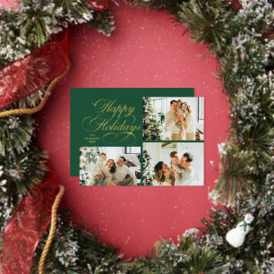 Simple Elegant Family 3 Photo Collage Christmas Foil Holiday Card