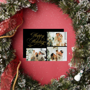Simple Elegant Family 3 Photo Collage Christmas Foil Holiday Card