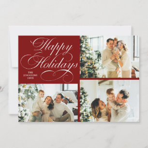 Simple Elegant Family 3 Photo Collage Christmas Holiday Card