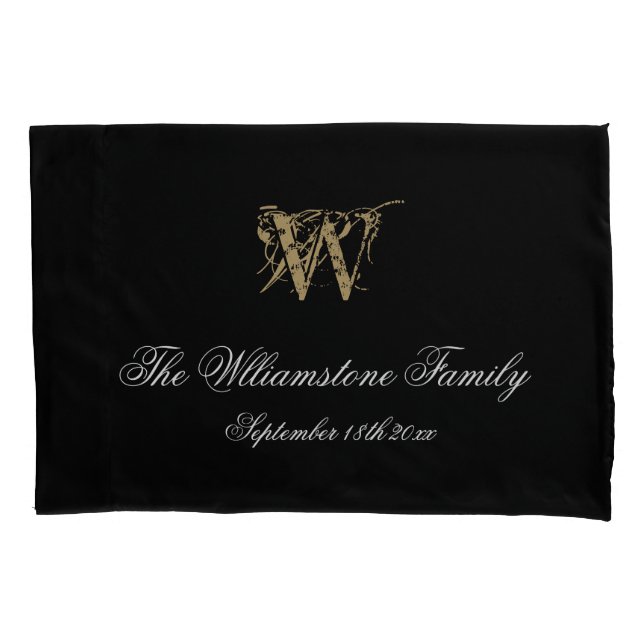 Simple Elegant Family Last Name + Monogram Wedding Pillowcase (Front)