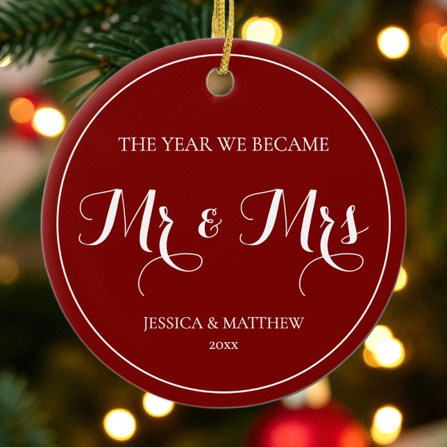 Simple Elegant First Christmas Married Mr and Mrs Ceramic Tree Decoration (Simple Red Elegant First Christmas Married Mr and Mrs Ceramic Ornament)