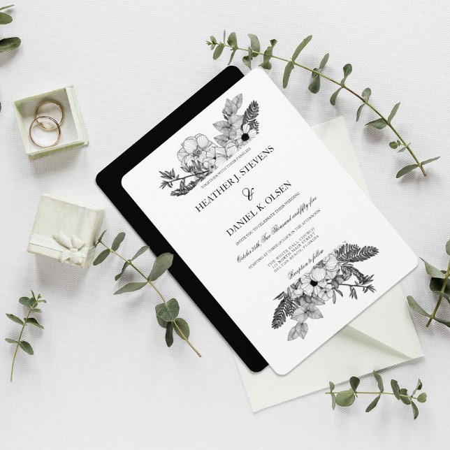 Simple Elegant Floral Black White Wedding Invitation (Creator Uploaded)