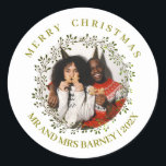 Simple Elegant Floral Christmas Family 1 Photo  Classic Round Sticker<br><div class="desc">Simple Elegant Floral Christmas Family 1 Photo</div>