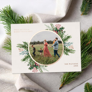 Simple Elegant Floral Christmas Photo Foil Holiday Card