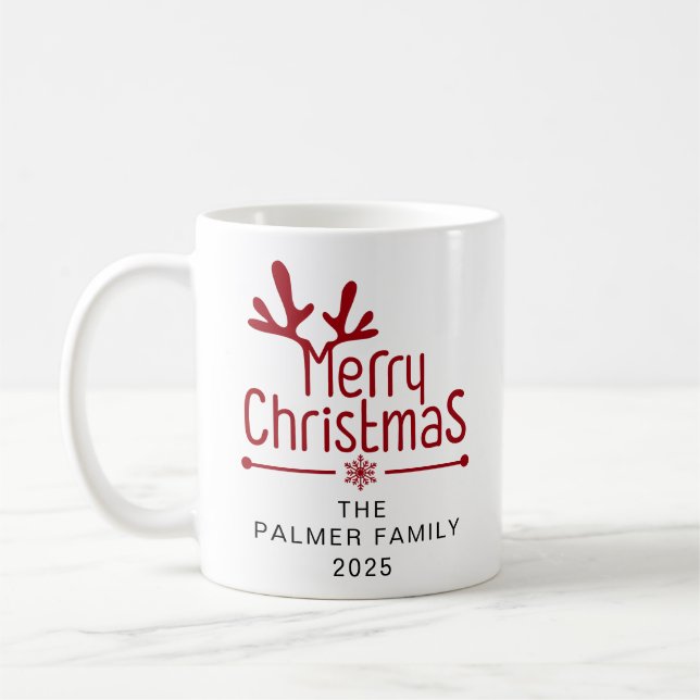 Simple Elegant Floral Christmas Wreath Family Name Coffee Mug (Left)