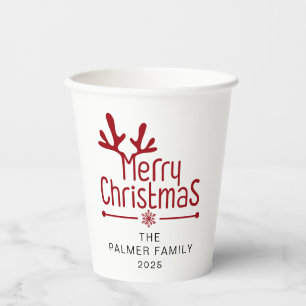 Simple Elegant Floral Christmas Wreath Family Name Paper Cups