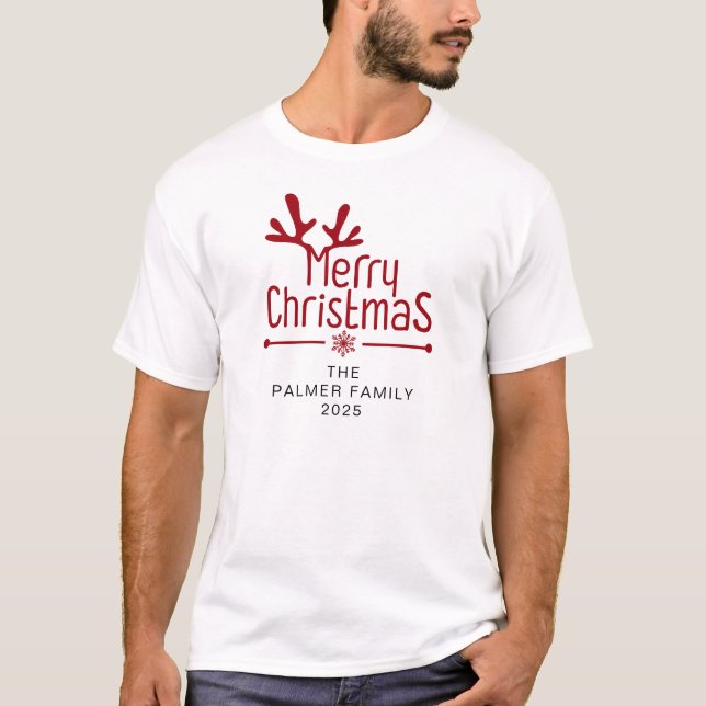 Simple Elegant Floral Christmas Wreath Family Name T-Shirt (Front)