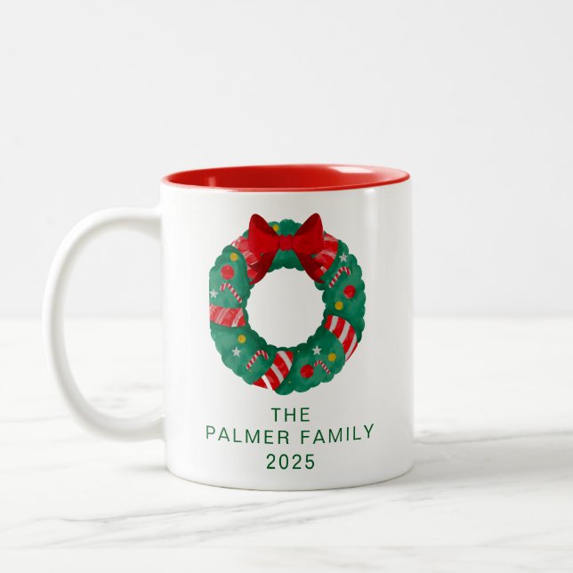 Simple Elegant Floral Christmas Wreath Family Name Two-Tone Coffee Mug (Left)