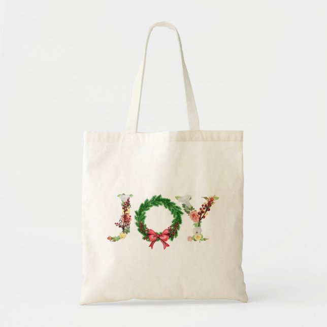 Simple elegant floral Christmas wreath joy script Tote Bag (Front)