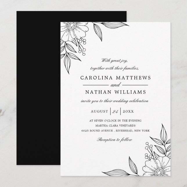 Simple Elegant Floral Corners Wedding Black Invitation (Front/Back)
