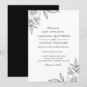 Simple Elegant Floral Corners Wedding Black Invitation