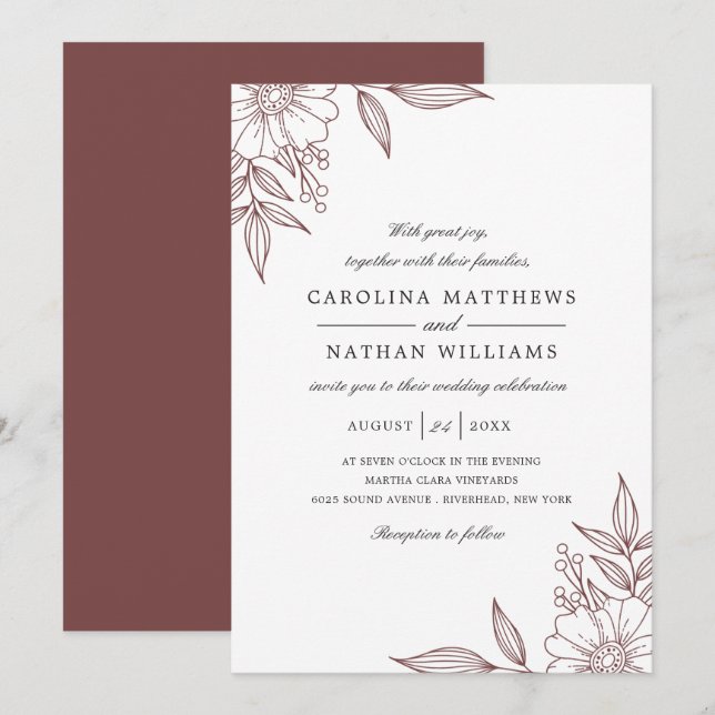 Simple Elegant Floral Corners Wedding Red Invitation (Front/Back)