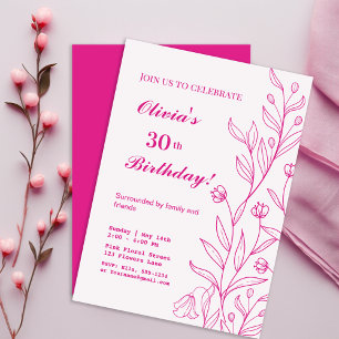 Simple Elegant Floral Hot Pink Birthday Invitation