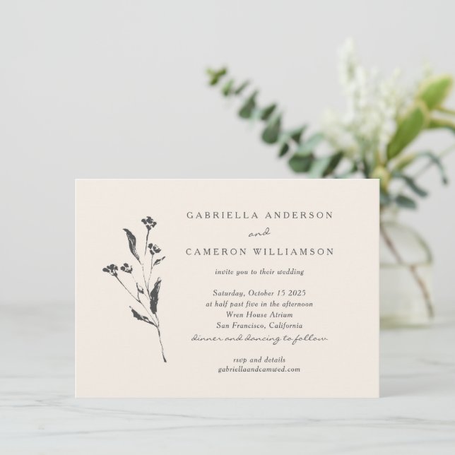 Simple Elegant Floral Ivory Black Drawing Wedding  Invitation (Standing Front)