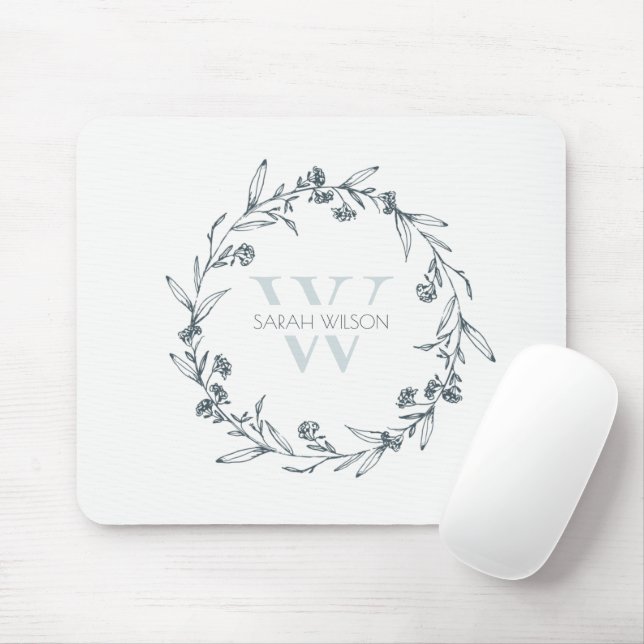 Simple Elegant Floral Laurel Wreath Monogram Mouse Mat (With Mouse)
