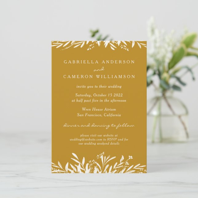 Simple Elegant Floral Mustard Yellow Boho Wedding Invitation (Standing Front)